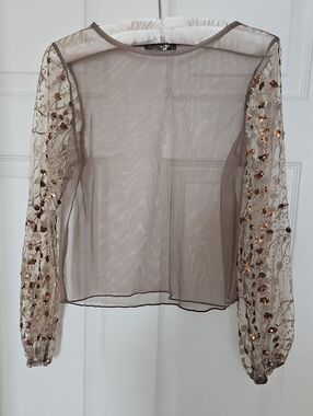 Embroidered Sheer Long-Sleeve Blouse - Taupe